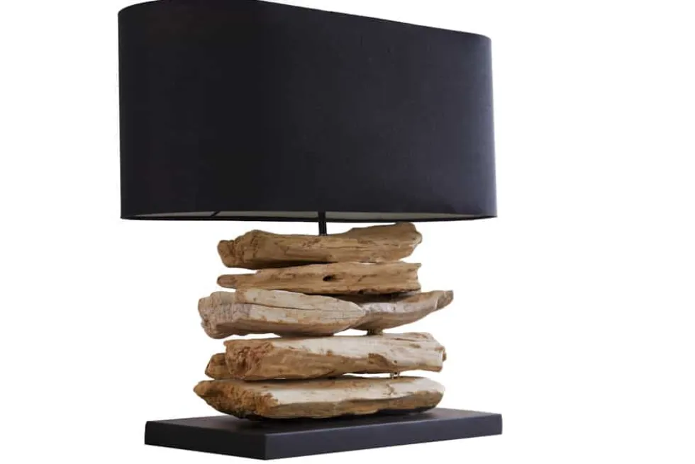 Handgearbeitete Treibholz Lampe RIVERINE 55cm schwarz Leinenschirm Tischleuchte