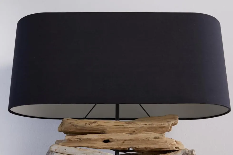 Handgearbeitete Treibholz Lampe RIVERINE 55cm schwarz Leinenschirm Tischleuchte