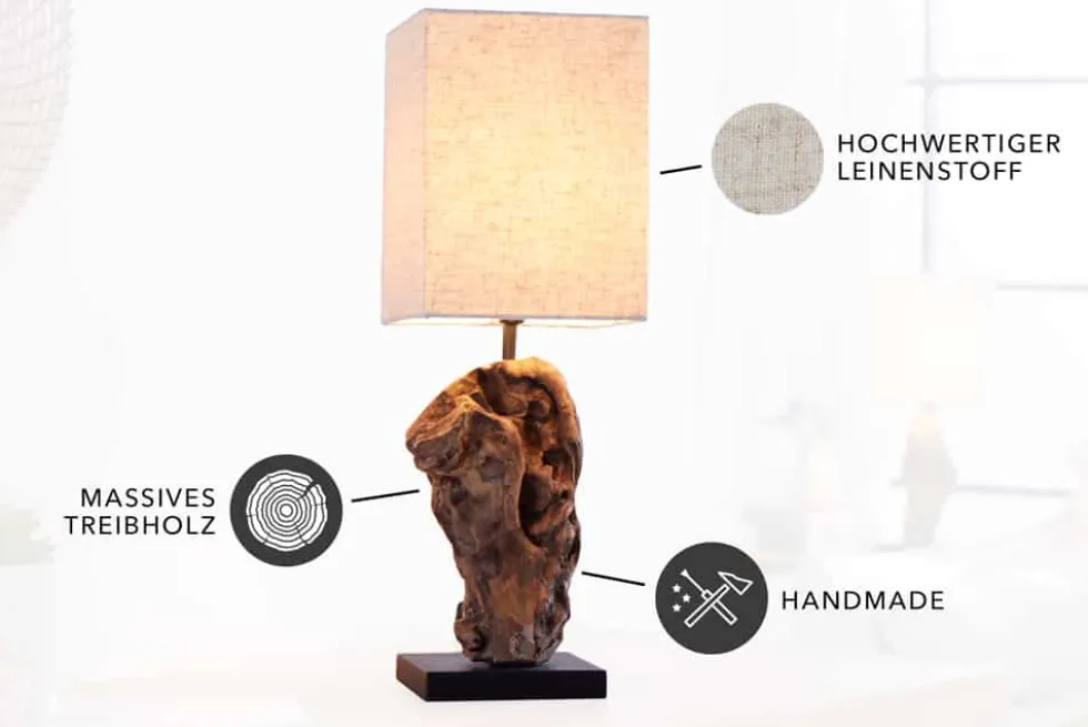 Handgearbeitete Treibholz Tischlampe HYPNOTIC 45cm beige mit Leinenschirm