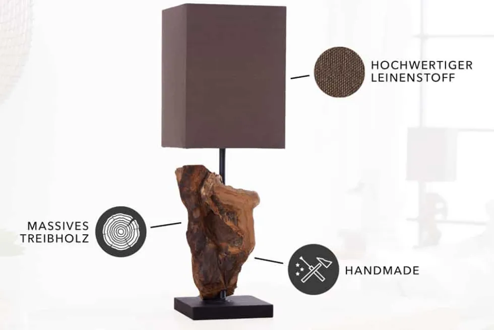 Handgearbeitete Treibholz Tischlampe HYPNOTIC 45cm braun mit Leinenschirm