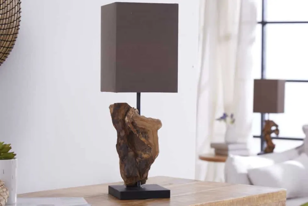 Handgearbeitete Treibholz Tischlampe HYPNOTIC 45cm braun mit Leinenschirm