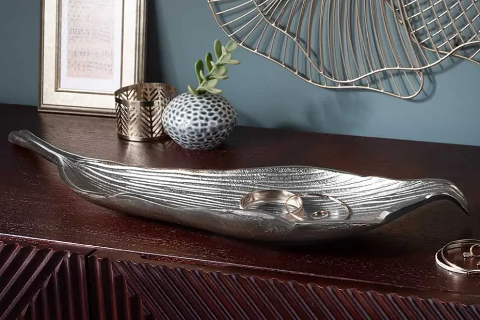 Handgefertigte Deko Schale ABSTRACT LEAF 65cm silber Aluminium