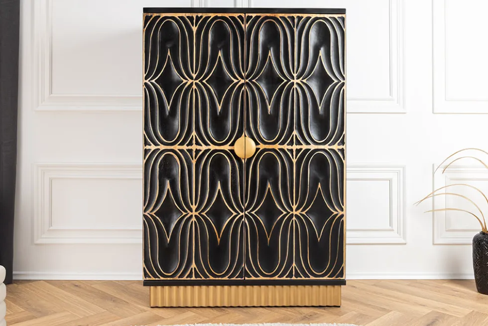 Handgefertigter Barschrank PIAZZA SAN MARCO 140cm grau gold Mangoholz massiv 3D-Design