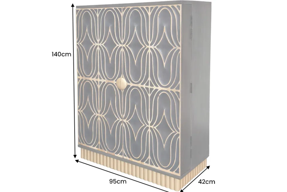 Handgefertigter Barschrank PIAZZA SAN MARCO 140cm grau gold Mangoholz massiv 3D-Design
