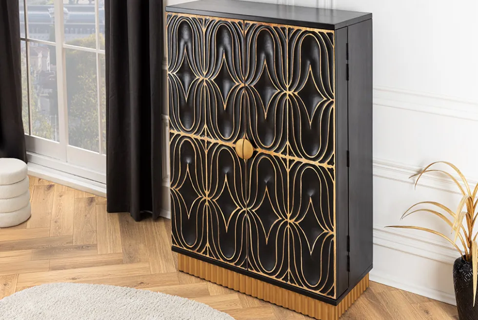 Handgefertigter Barschrank PIAZZA SAN MARCO 140cm grau gold Mangoholz massiv 3D-Design
