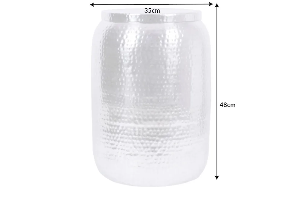 Handgefertigter Beistelltisch ORIENT STORAGE 50cm silber Hammerschlag Design mit Stauraum rund