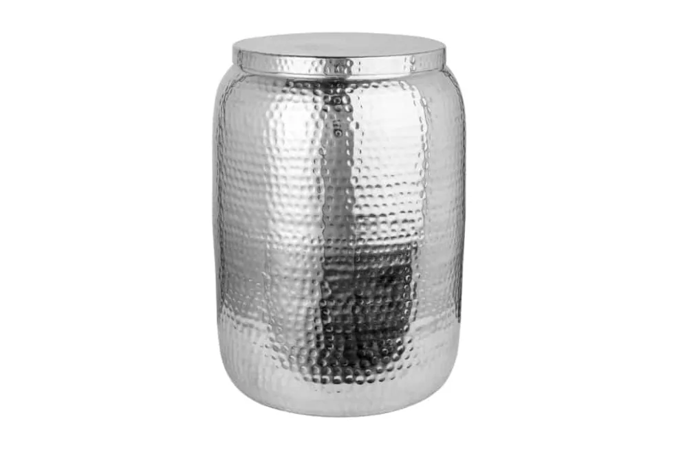 Handgefertigter Beistelltisch ORIENT STORAGE 50cm silber Hammerschlag Design mit Stauraum rund