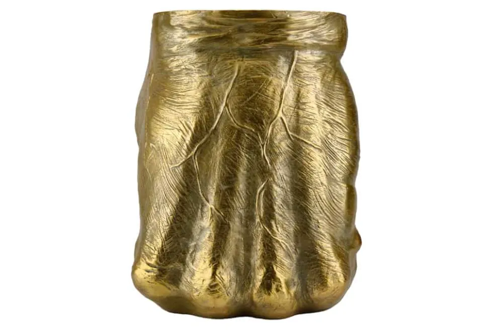 Handgefertigter Beistelltisch FIST 50cm gold runde Tischplatte Faust-Skulptur