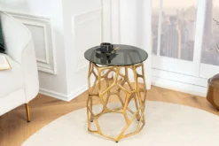 Handgefertigter Beistelltisch LIQUID GEOMETRIE 50cm gold rund Metall Schwarzglas