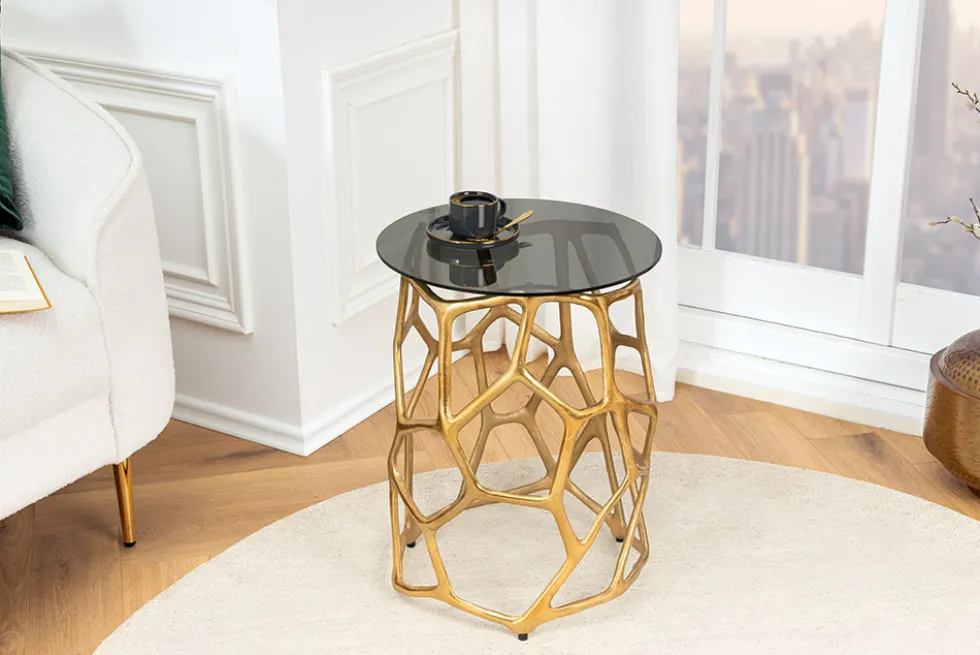 Handgefertigter Beistelltisch LIQUID GEOMETRIE 50cm gold rund Metall Schwarzglas
