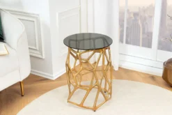 Handgefertigter Beistelltisch LIQUID GEOMETRIE 50cm gold rund Metall Schwarzglas