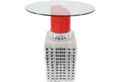Handgefertigter Bistrotisch LIPSTICK 75cm rot silber runde Tischplatte Glas