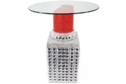 Handgefertigter Bistrotisch LIPSTICK 75cm rot silber runde Tischplatte Glas