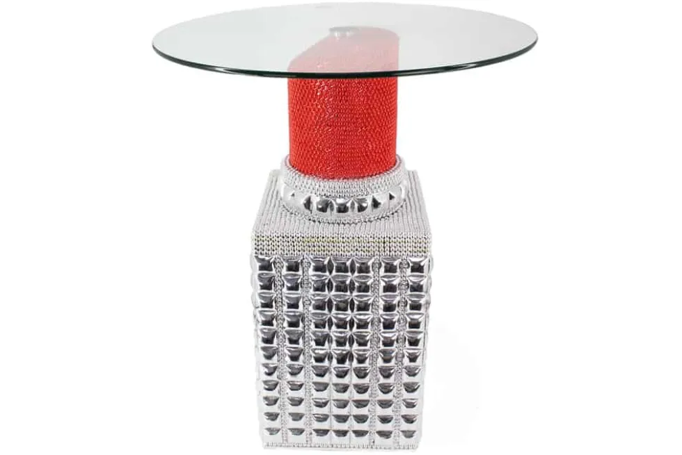 Handgefertigter Bistrotisch LIPSTICK 75cm rot silber runde Tischplatte Glas