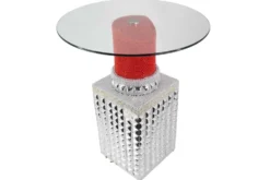 Handgefertigter Bistrotisch LIPSTICK 75cm rot silber runde Tischplatte Glas