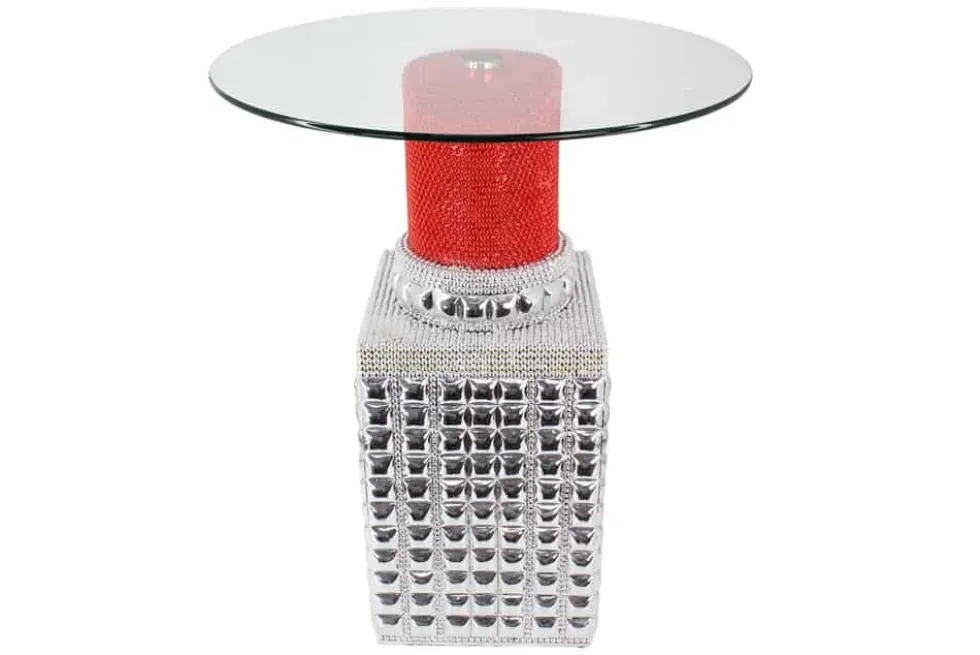 Handgefertigter Bistrotisch LIPSTICK 75cm rot silber runde Tischplatte Glas