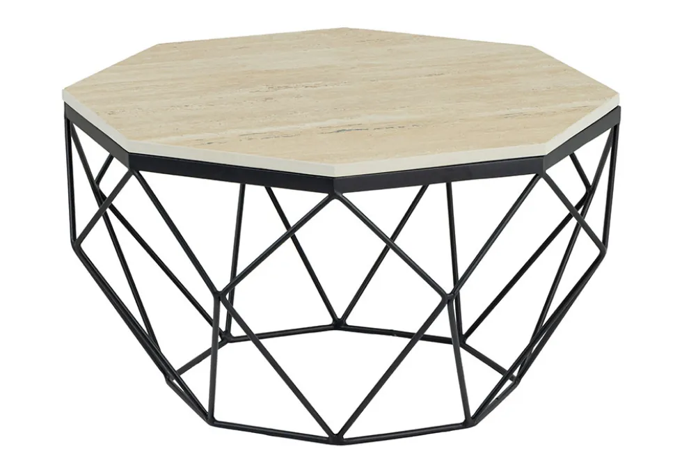 Handgefertigter Couchtisch DIAMOND 70cm beige Travertin schwarz Eisen