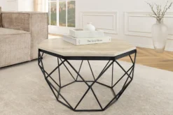 Handgefertigter Couchtisch DIAMOND 70cm beige Travertin schwarz Eisen