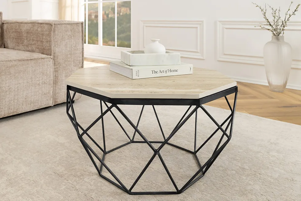 Handgefertigter Couchtisch DIAMOND 70cm beige Travertin schwarz Eisen