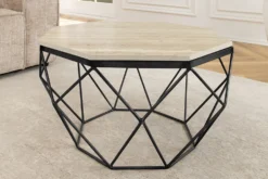 Handgefertigter Couchtisch DIAMOND 70cm beige Travertin schwarz Eisen