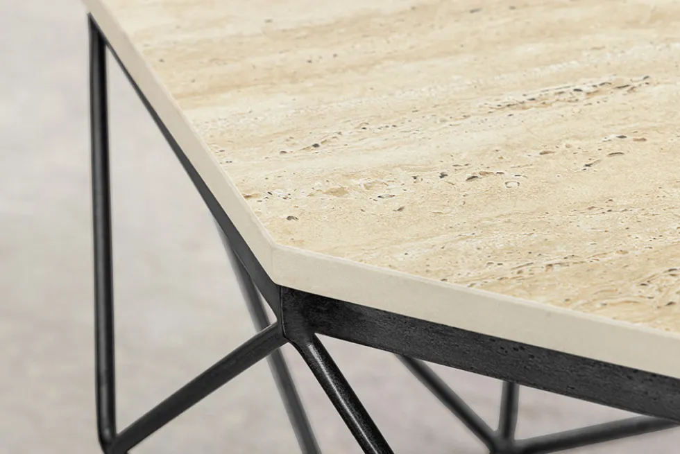 Handgefertigter Couchtisch DIAMOND 70cm beige Travertin schwarz Eisen