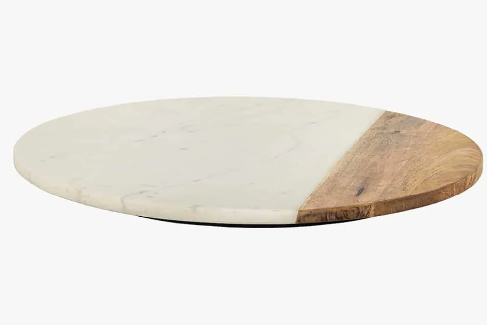 Handgefertigter Drehteller SERVANT 50cm weiß natur Marmor Mangoholz Dekoplatte rund