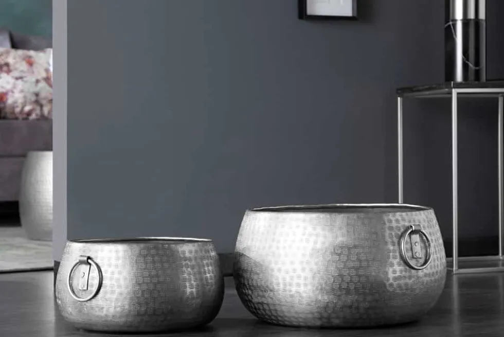 Handgefertigte Schalen 2er Set ORIENT silber Blumentopf im Hammerschlagdesign
