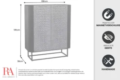 Handgefertigtes Highboard CROCO 120cm grau schwarz Mangoholz massiv 3D-Design