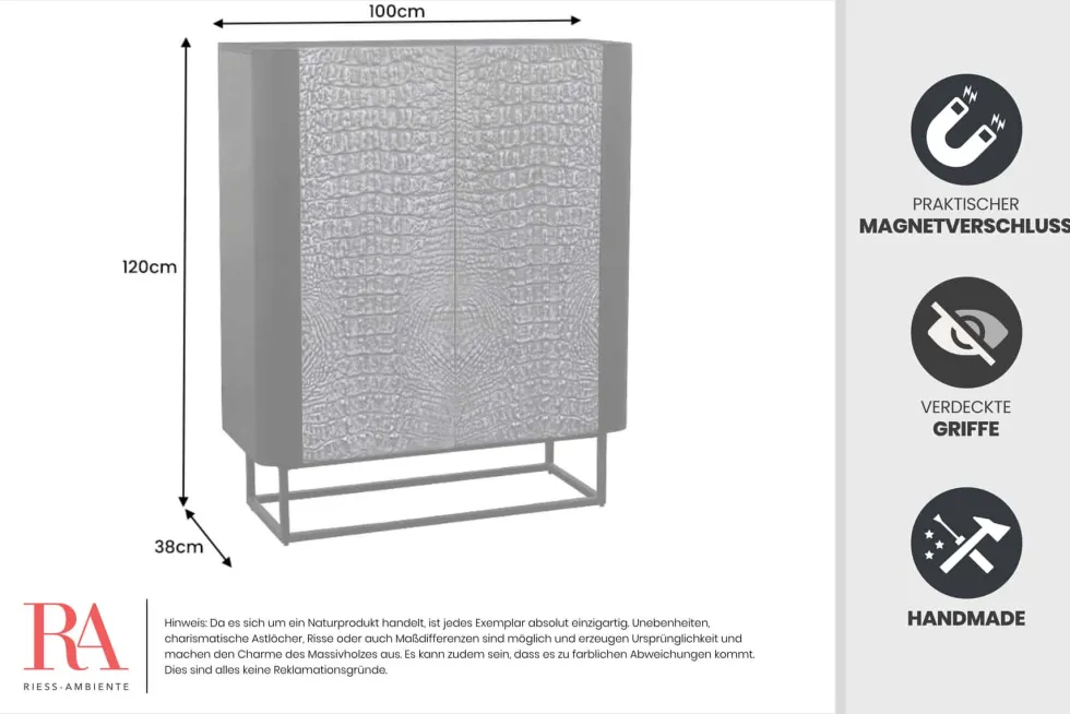 Handgefertigtes Highboard CROCO 120cm braun Mangoholz massiv 3D-Design