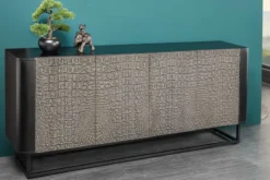 Handgefertigtes Sideboard CROCO 180cm grau schwarz Mangoholz mit 3D Schnitzereien massiv Metall