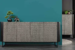 Handgefertigtes Sideboard CROCO 180cm grau schwarz Mangoholz mit 3D Schnitzereien massiv Metall