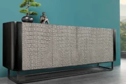 Handgefertigtes Sideboard CROCO 180cm grau schwarz Mangoholz mit 3D Schnitzereien massiv Metall