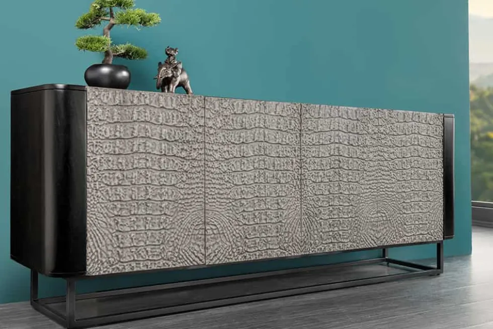 Handgefertigtes Sideboard CROCO 180cm grau schwarz Mangoholz mit 3D Schnitzereien massiv Metall