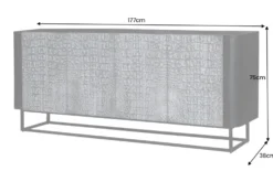 Handgefertigtes Sideboard CROCO 180cm grau schwarz Mangoholz mit 3D Schnitzereien massiv Metall