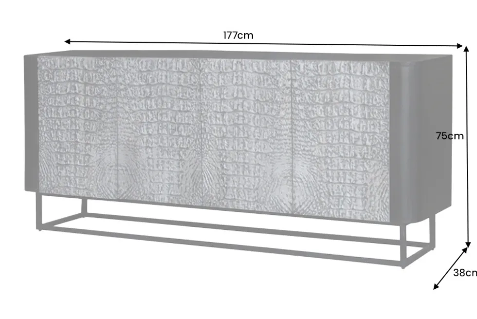 Handgefertigtes Sideboard CROCO 180cm grau schwarz Mangoholz mit 3D Schnitzereien massiv Metall
