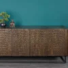 Handgefertigtes Sideboard CROCO 180cm gold braun Mangoholz mit 3D Schnitzereien massiv schwarz Metall