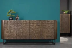 Handgefertigtes Sideboard CROCO 180cm gold braun Mangoholz mit 3D Schnitzereien massiv schwarz Metall