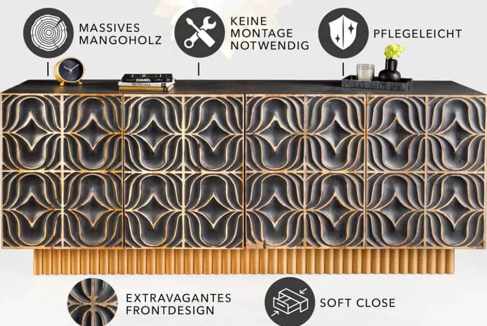 Handgefertigtes Sideboard PIAZZA SAN MARCO 180cm grau gold Mangoholz massiv 3D-Design