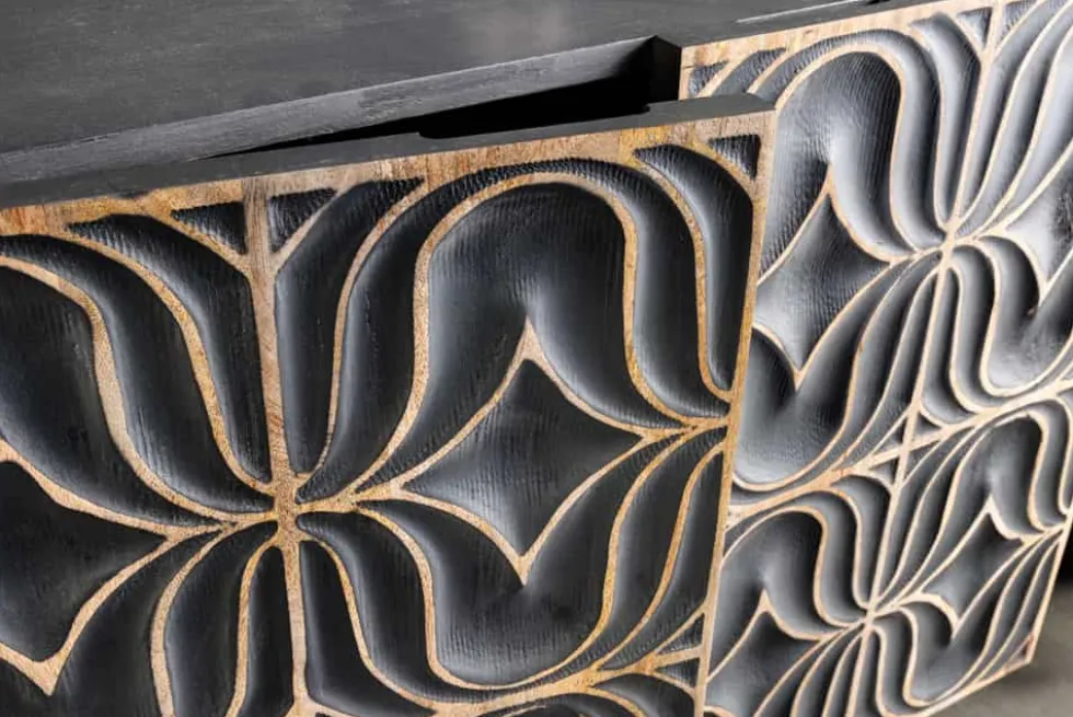Handgefertigtes Sideboard PIAZZA SAN MARCO 180cm grau gold Mangoholz massiv 3D-Design