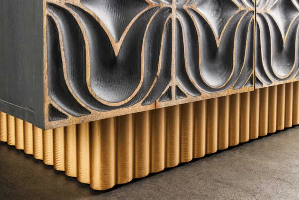 Handgefertigtes Sideboard PIAZZA SAN MARCO 180cm grau gold Mangoholz massiv 3D-Design