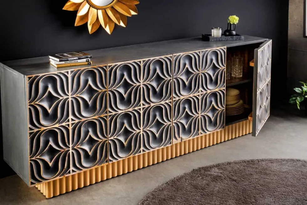 Handgefertigtes Sideboard PIAZZA SAN MARCO 180cm grau gold Mangoholz massiv 3D-Design