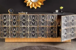 Handgefertigtes Sideboard PIAZZA SAN MARCO 180cm grau gold Mangoholz massiv 3D-Design