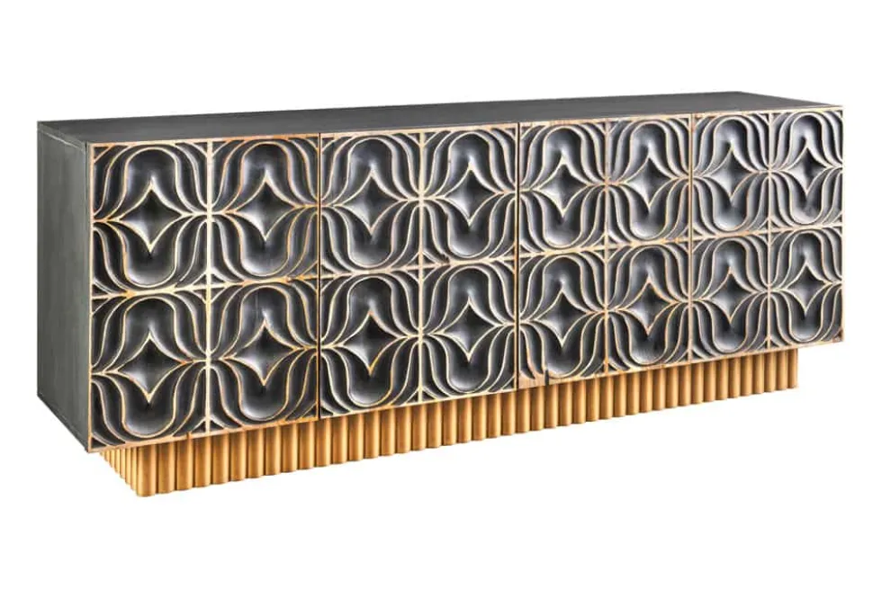 Handgefertigtes Sideboard PIAZZA SAN MARCO 180cm grau gold Mangoholz massiv 3D-Design
