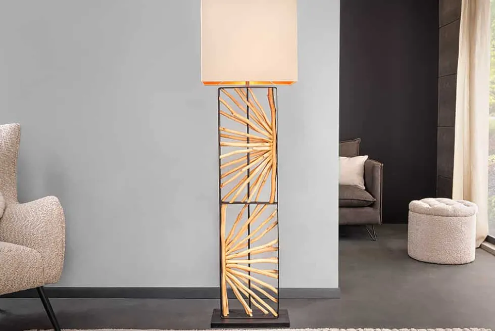 Handgefertigte Stehlampe EUPHORIA 165cm natur Longanholz beige mit Lampenschirm
