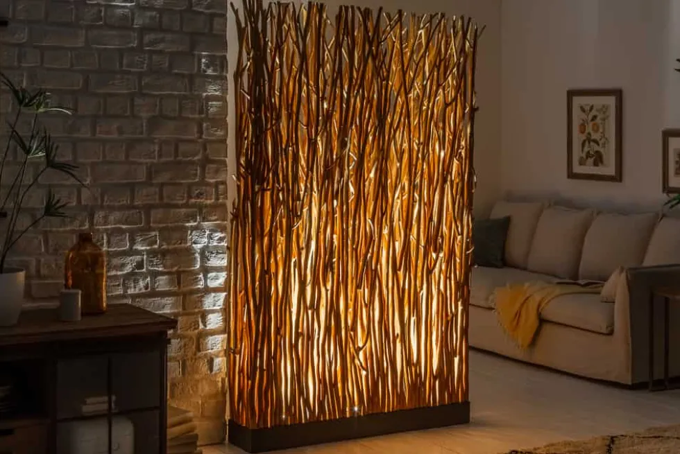 Handgefertigte Stehlampe NATURAL PARAVENT 180cm Longan-Holz Raumtrenner