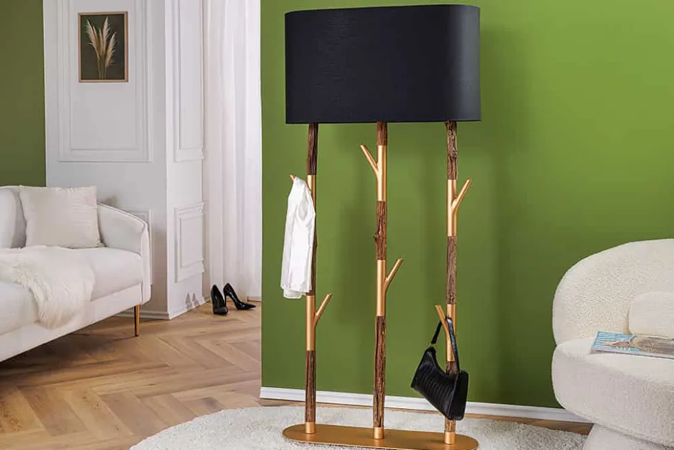 Handgefertigte Stehlampe WARDROBE 155cm schwarz gold natur Eisenholz Massivholz