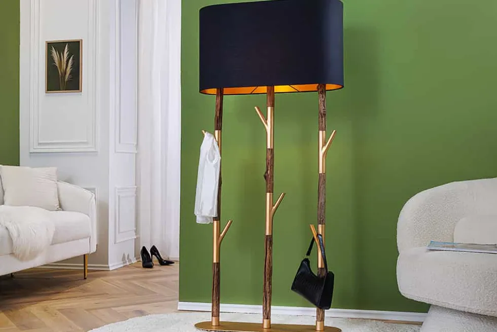 Handgefertigte Stehlampe WARDROBE 155cm schwarz gold natur Eisenholz Massivholz