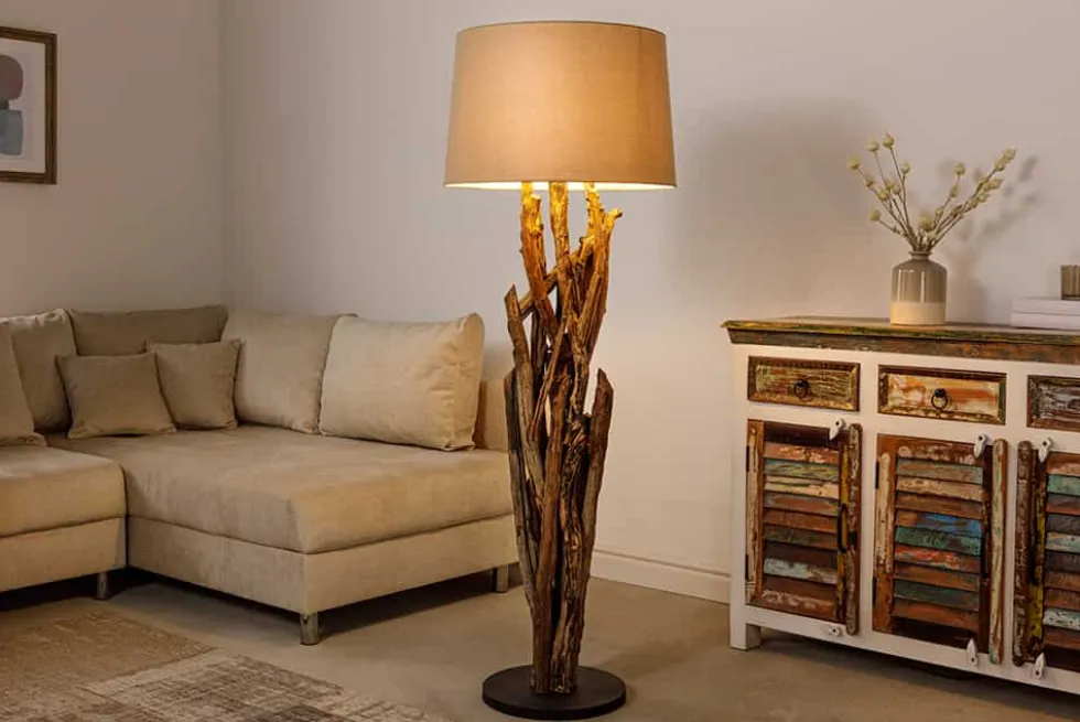 Handgefertigte Stehlampe WILD NATURE 158cm natur Treibholz Stehleuchte Leinenschirm
