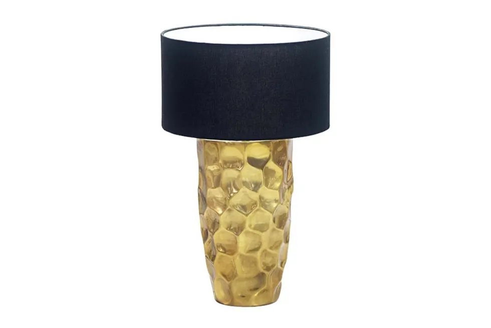 Handgefertigte Tischlampe AURELIA 55cm gold schwarz Hammerschlag-Design mit Stoffschirm