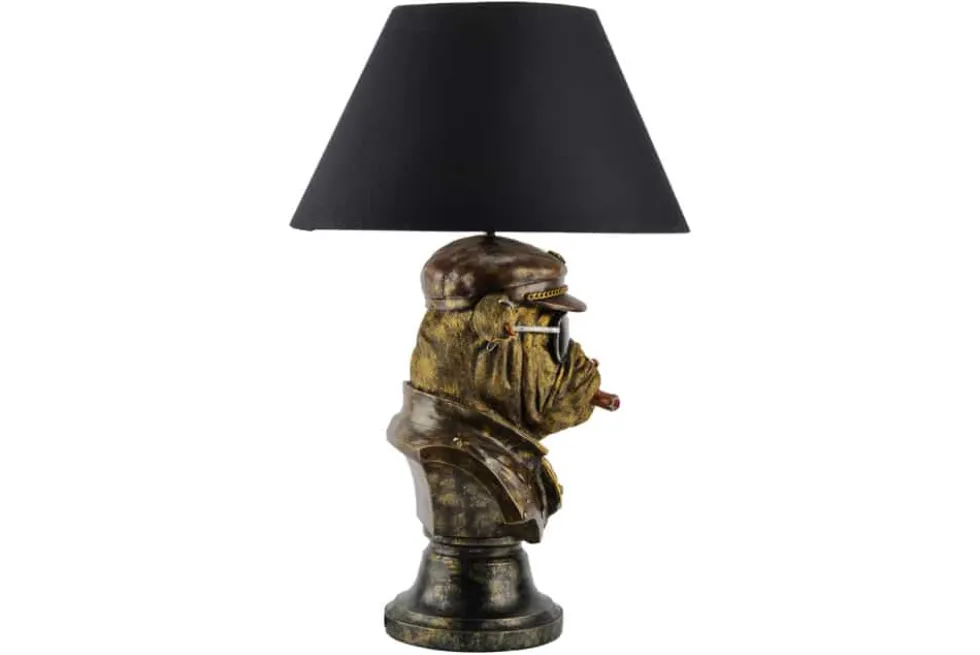 Handgefertigte Tischlampe BULLDOG 55cm bronze schwarz Stoffschirm Hunde-Skulptur